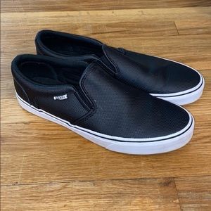 Vans—Black leather, slip-on, unisex, size 11 men